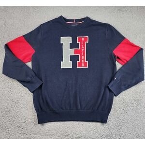 Tommy Hilfiger Sweater Mens Large Blue Knit Big H Logo Spell Out Letter Preppy
